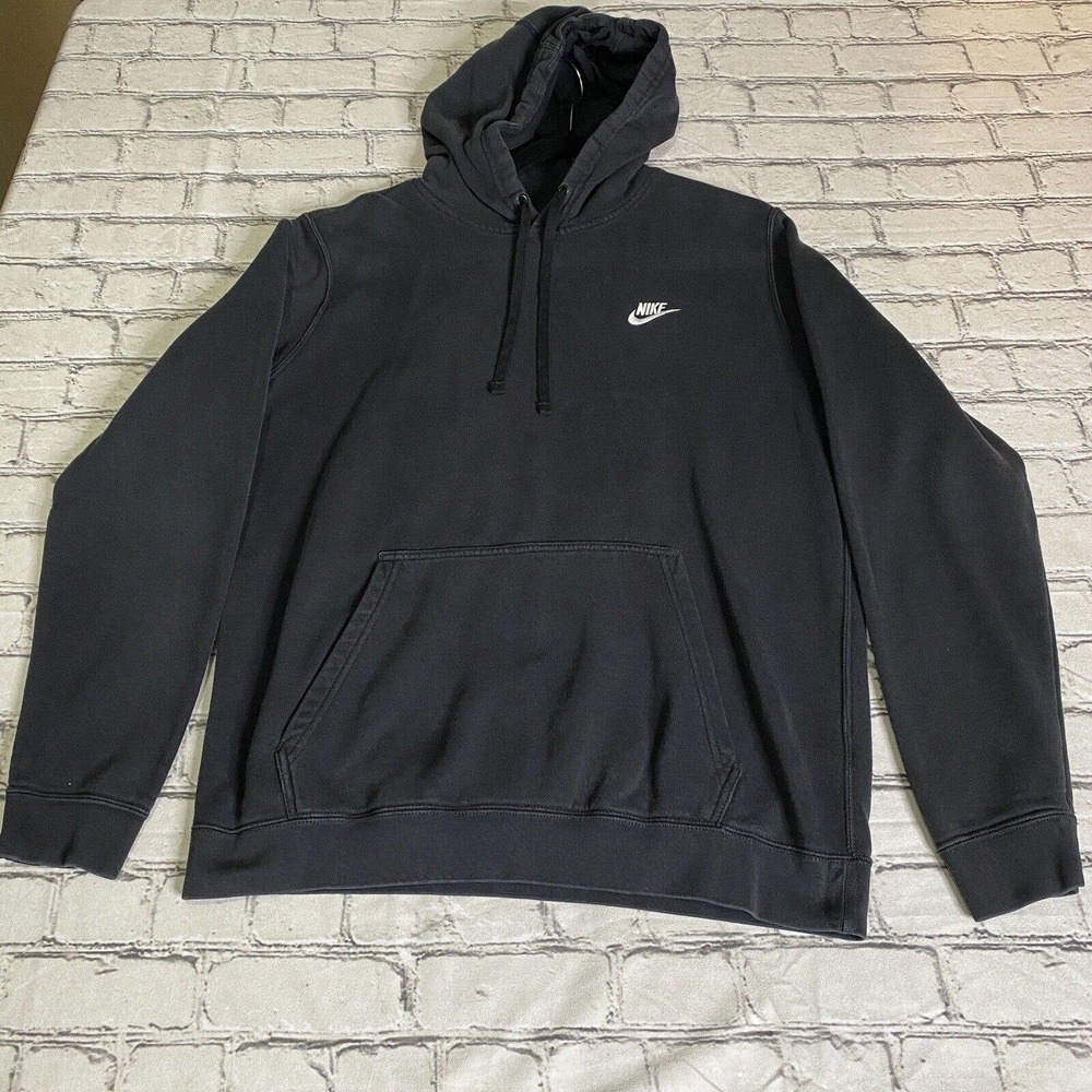 NIKE Hoodie Mens Large Black Blue Tag Small Chest Swoosh Pouch Pocket Pullover